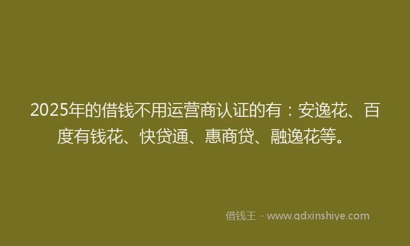 2025年的借钱不用运营商认证的有：安逸花、百度有钱花、快贷通、惠商贷、融逸花等。