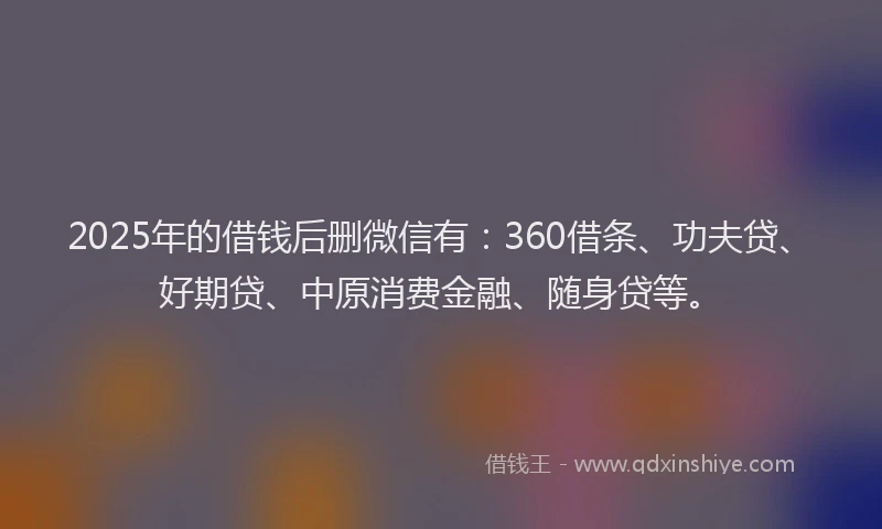 2025年的借钱后删微信有：360借条、功夫贷、好期贷、中原消费金融、随身贷等。
