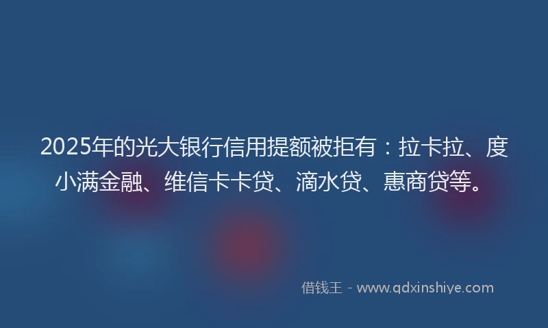 2025年的光大银行信用提额被拒有：拉卡拉、度小满金融、维信卡卡贷、滴水贷、惠商贷等。