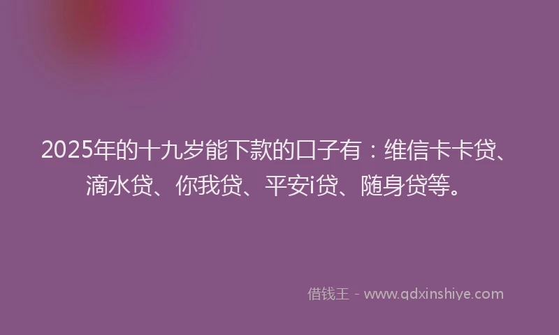 2025年的十九岁能下款的口子有：维信卡卡贷、滴水贷、你我贷、平安i贷、随身贷等。