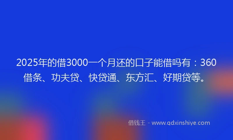 2025年的借3000一个月还的口子能借吗有:360借条、功夫贷、快贷通、东方汇、好期贷等。
