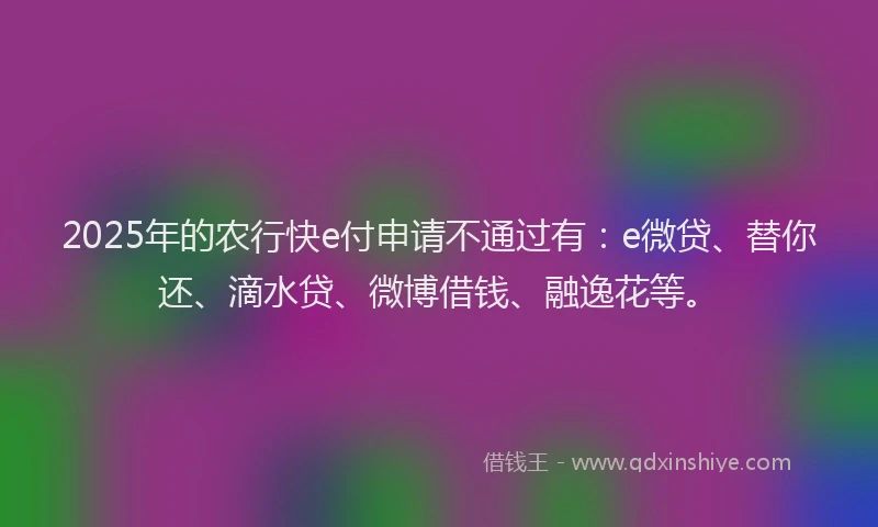 2025年的农行快e付申请不通过有：e微贷、替你还、滴水贷、微博借钱、融逸花等。
