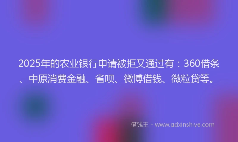 2025年的农业银行申请被拒又通过有：360借条、中原消费金融、省呗、微博借钱、微粒贷等。