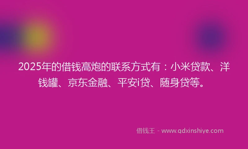 2025年的借钱高炮的联系方式有：小米贷款、洋钱罐、京东金融、平安i贷、随身贷等。
