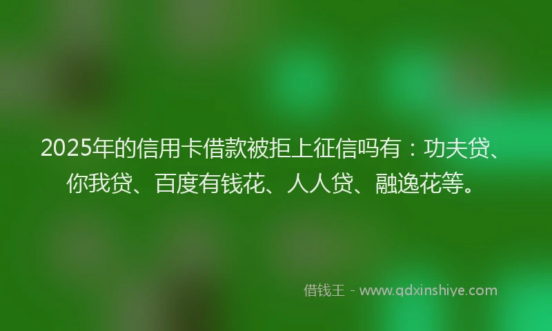2025年的信用卡借款被拒上征信吗有：功夫贷、你我贷、百度有钱花、人人贷、融逸花等。