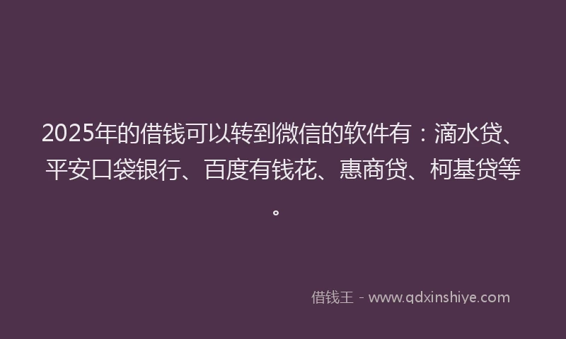 2025年的借钱可以转到微信的软件有：滴水贷、平安口袋银行、百度有钱花、惠商贷、柯基贷等。