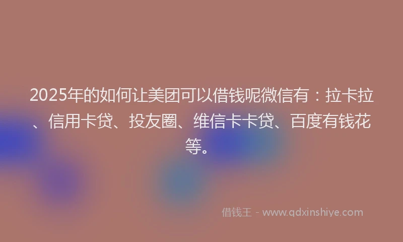 2025年的如何让美团可以借钱呢微信有：拉卡拉、信用卡贷、投友圈、维信卡卡贷、百度有钱花等。
