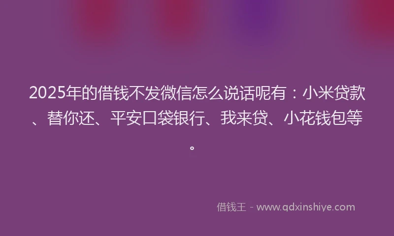 2025年的借钱不发微信怎么说话呢有：小米贷款、替你还、平安口袋银行、我来贷、小花钱包等。