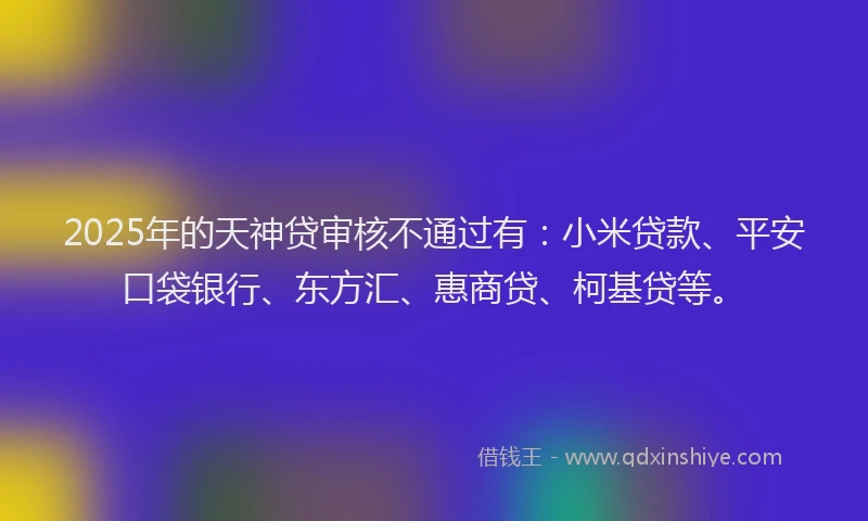 2025年的天神贷审核不通过有：小米贷款、平安口袋银行、东方汇、惠商贷、柯基贷等。