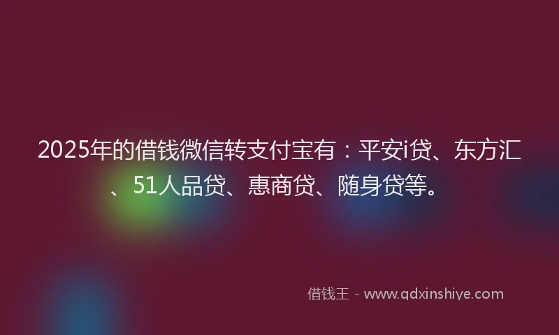 2025年的借钱微信转支付宝有：平安i贷、东方汇、51人品贷、惠商贷、随身贷等。
