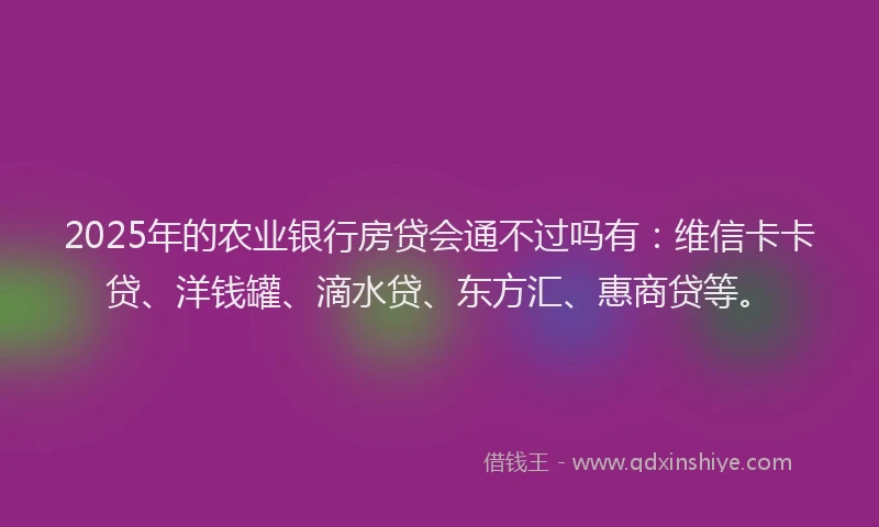 2025年的农业银行房贷会通不过吗有:维信卡卡贷、洋钱罐、滴水贷、东方汇、惠商贷等。