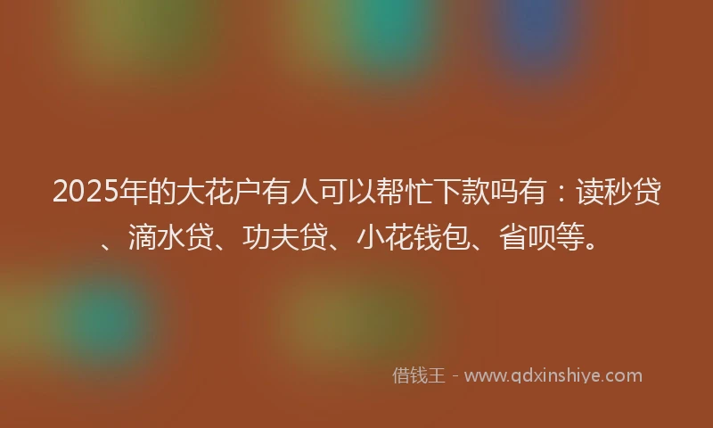 2025年的大花户有人可以帮忙下款吗有：读秒贷、滴水贷、功夫贷、小花钱包、省呗等。