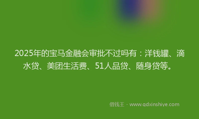 2025年的宝马金融会审批不过吗有：洋钱罐、滴水贷、美团生活费、51人品贷、随身贷等。