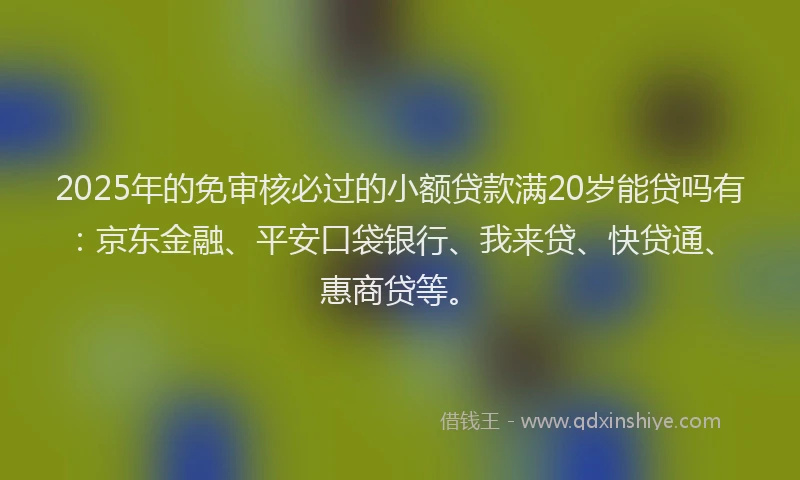 2025年的免审核必过的小额贷款满20岁能贷吗有：京东金融、平安口袋银行、我来贷、快贷通、惠商贷等。