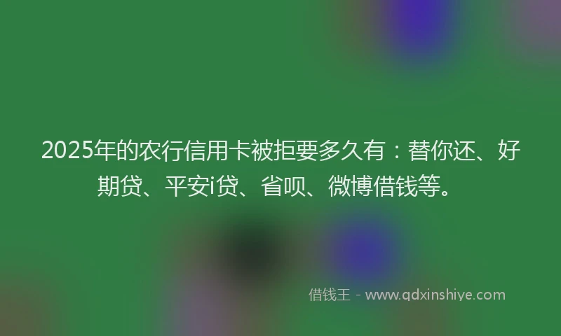 2025年的农行信用卡被拒要多久有：替你还、好期贷、平安i贷、省呗、微博借钱等。