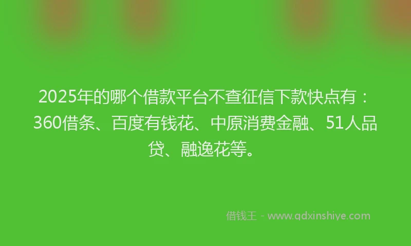 2025年的哪个借款平台不查征信下款快点有：360借条、百度有钱花、中原消费金融、51人品贷、融逸花等。