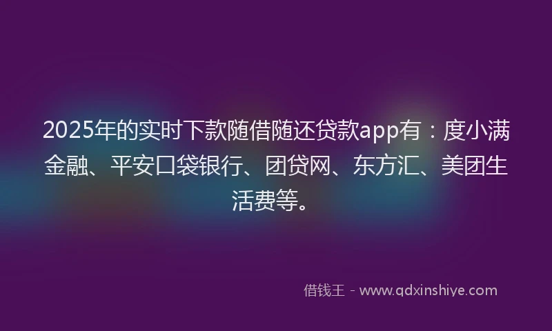2025年的实时下款随借随还贷款app有：度小满金融、平安口袋银行、团贷网、东方汇、美团生活费等。