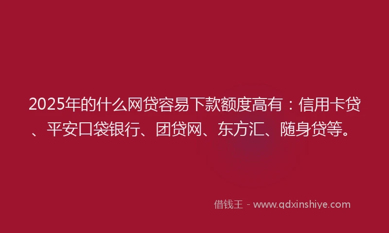 2025年的什么网贷容易下款额度高有：信用卡贷、平安口袋银行、团贷网、东方汇、随身贷等。