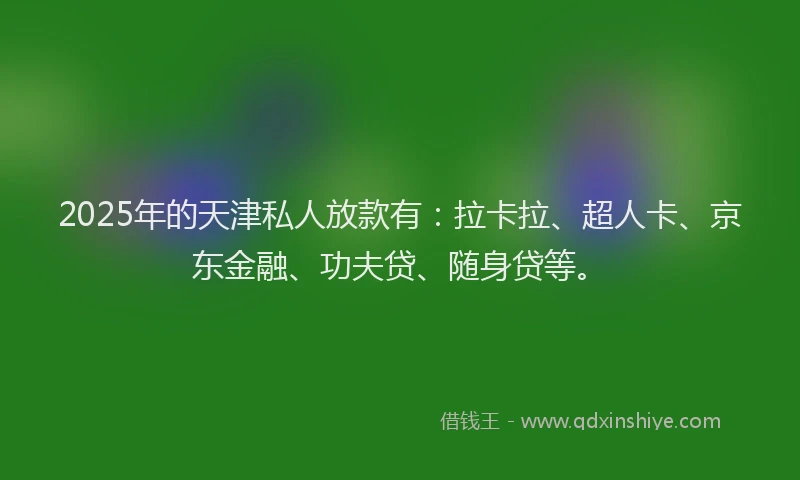 2025年的天津私人放款有：拉卡拉、超人卡、京东金融、功夫贷、随身贷等。