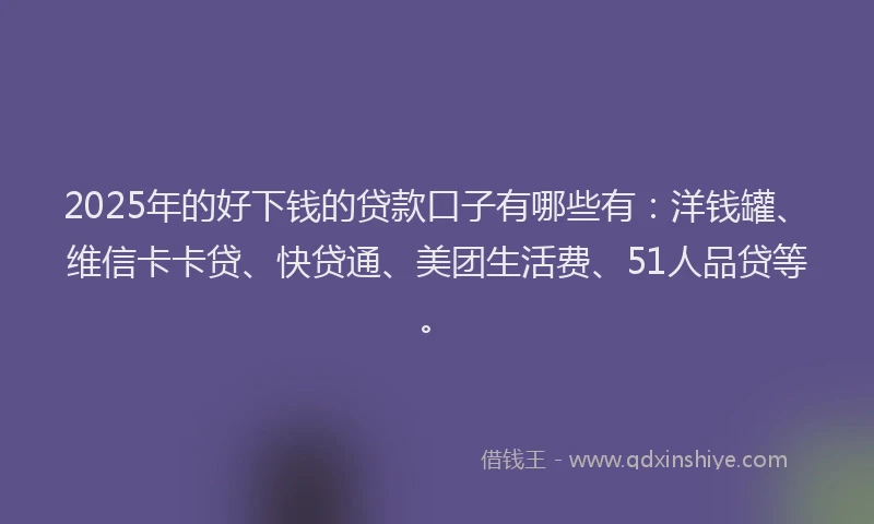 2025年的好下钱的贷款口子有哪些有：洋钱罐、维信卡卡贷、快贷通、美团生活费、51人品贷等。