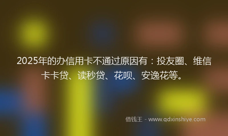 2025年的办信用卡不通过原因有：投友圈、维信卡卡贷、读秒贷、花呗、安逸花等。