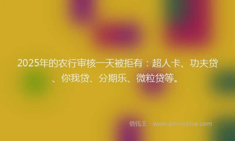 2025年的农行审核一天被拒有：超人卡、功夫贷、你我贷、分期乐、微粒贷等。
