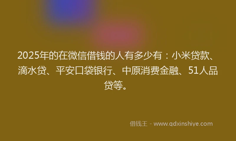 2025年的在微信借钱的人有多少有：小米贷款、滴水贷、平安口袋银行、中原消费金融、51人品贷等。