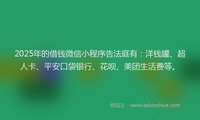 2025年的借钱微信小程序告法庭有：洋钱罐、超人卡、平安口袋银行、花呗、美团生活费等。