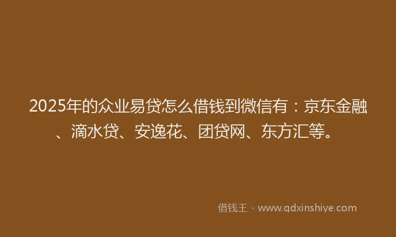 2025年的众业易贷怎么借钱到微信有：京东金融、滴水贷、安逸花、团贷网、东方汇等。