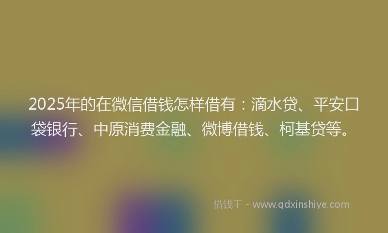 2025年的在微信借钱怎样借有：滴水贷、平安口袋银行、中原消费金融、微博借钱、柯基贷等。