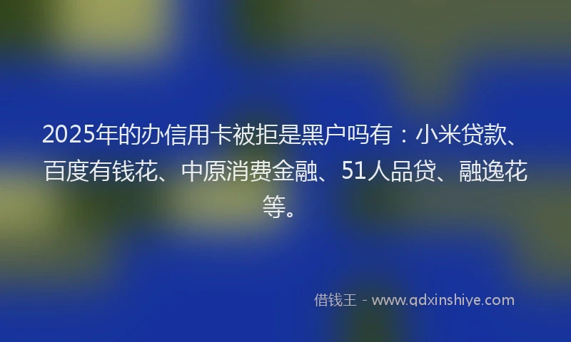2025年的办信用卡被拒是黑户吗有：小米贷款、百度有钱花、中原消费金融、51人品贷、融逸花等。