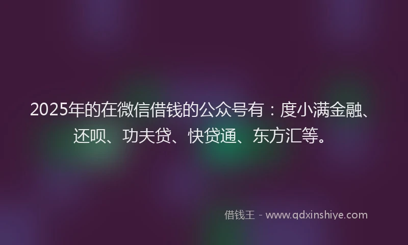 2025年的在微信借钱的公众号有：度小满金融、还呗、功夫贷、快贷通、东方汇等。