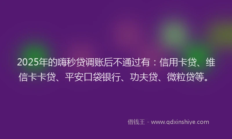 2025年的嗨秒贷调账后不通过有：信用卡贷、维信卡卡贷、平安口袋银行、功夫贷、微粒贷等。