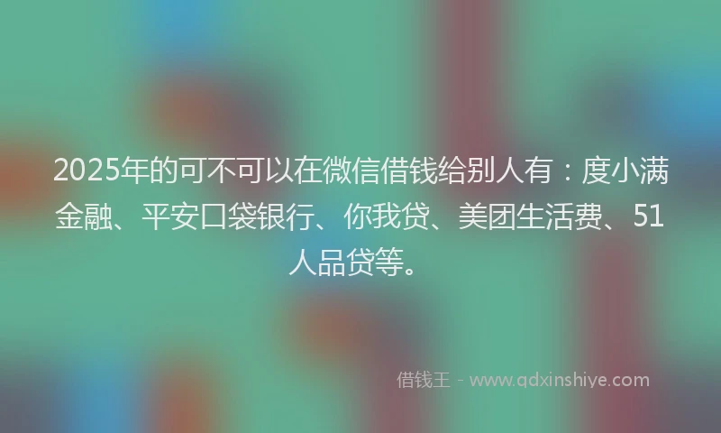 2025年的可不可以在微信借钱给别人有：度小满金融、平安口袋银行、你我贷、美团生活费、51人品贷等。