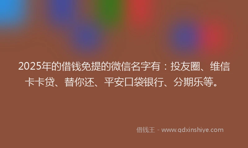 2025年的借钱免提的微信名字有：投友圈、维信卡卡贷、替你还、平安口袋银行、分期乐等。
