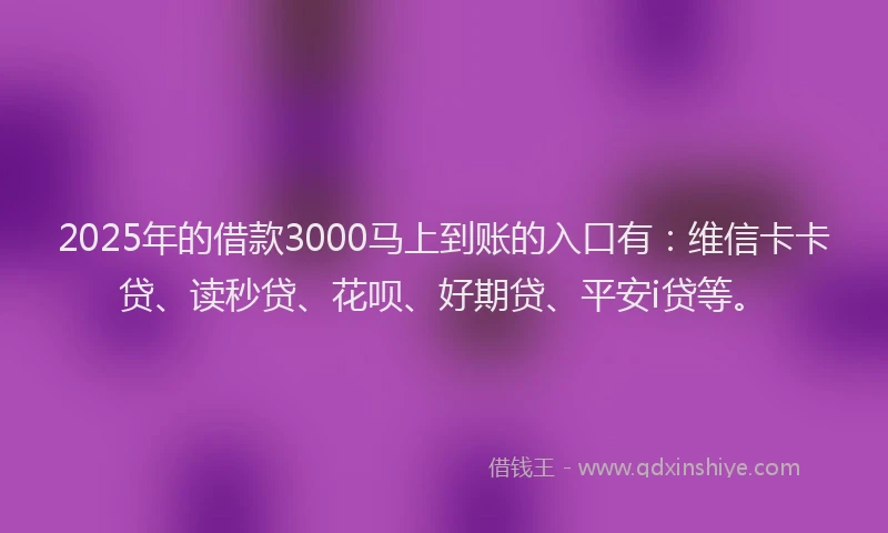 2025年的借款3000马上到账的入口有：维信卡卡贷、读秒贷、花呗、好期贷、平安i贷等。