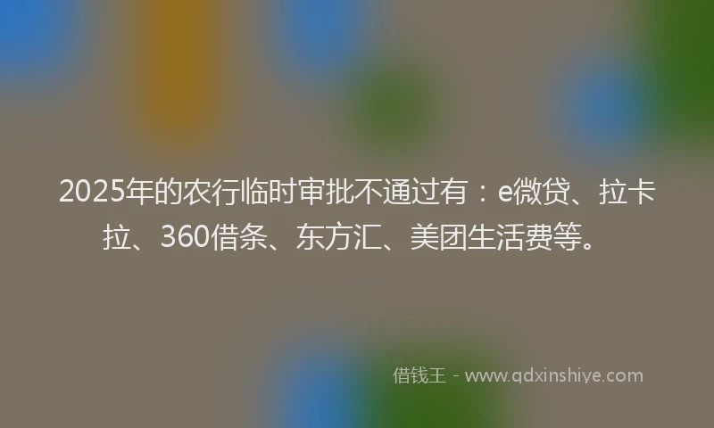 2025年的农行临时审批不通过有：e微贷、拉卡拉、360借条、东方汇、美团生活费等。