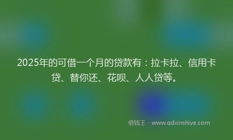 2025年的可借一个月的贷款有：拉卡拉、信用卡贷、替你还、花呗、人人贷等。