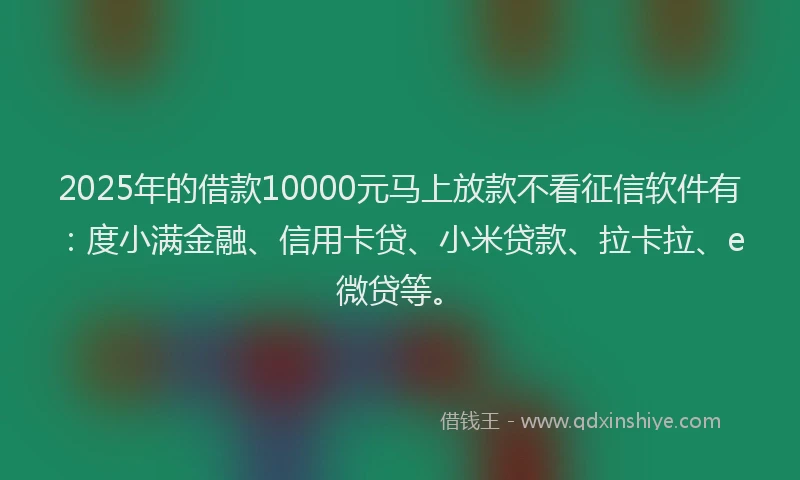 2025年的借款10000元马上放款不看征信软件有：度小满金融、信用卡贷、小米贷款、拉卡拉、e微贷等。