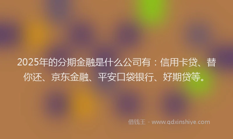 2025年的分期金融是什么公司有：信用卡贷、替你还、京东金融、平安口袋银行、好期贷等。