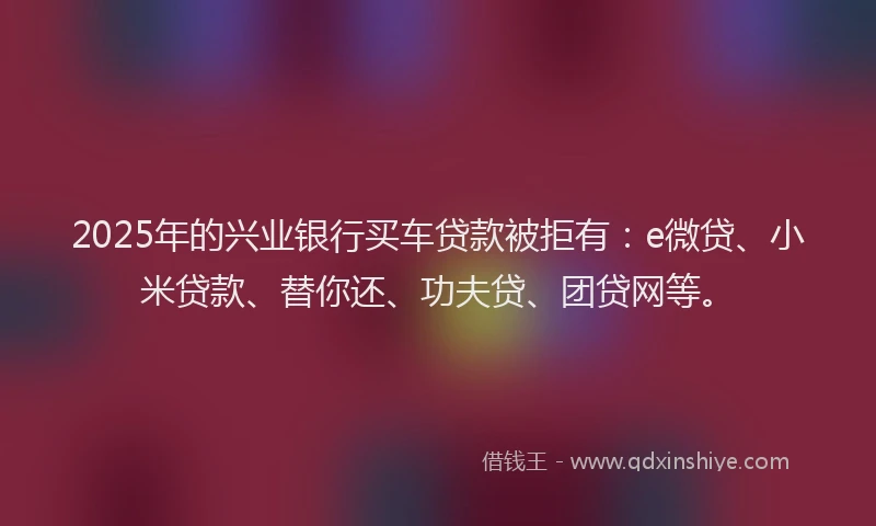 2025年的兴业银行买车贷款被拒有：e微贷、小米贷款、替你还、功夫贷、团贷网等。