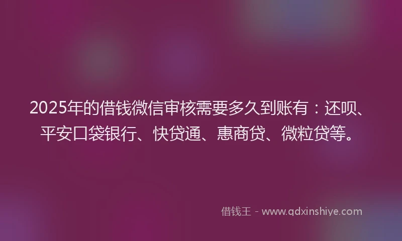 2025年的借钱微信审核需要多久到账有：还呗、平安口袋银行、快贷通、惠商贷、微粒贷等。