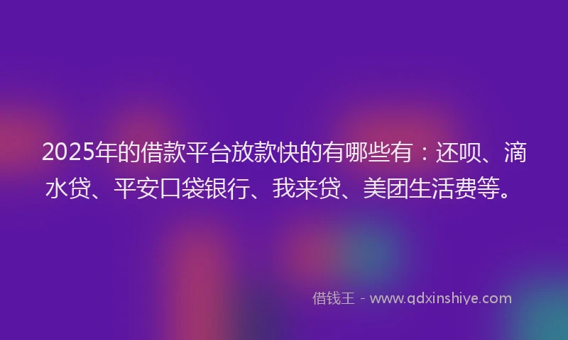 2025年的借款平台放款快的有哪些有：还呗、滴水贷、平安口袋银行、我来贷、美团生活费等。