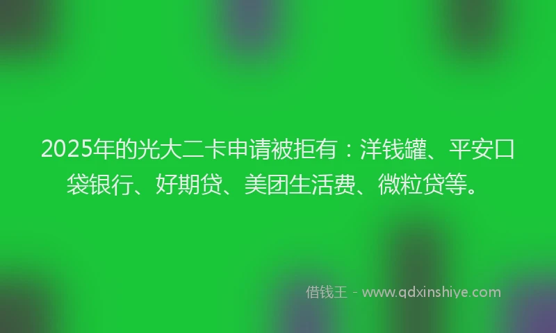 2025年的光大二卡申请被拒有：洋钱罐、平安口袋银行、好期贷、美团生活费、微粒贷等。