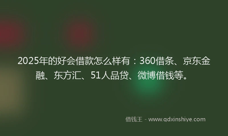 2025年的好会借款怎么样有：360借条、京东金融、东方汇、51人品贷、微博借钱等。