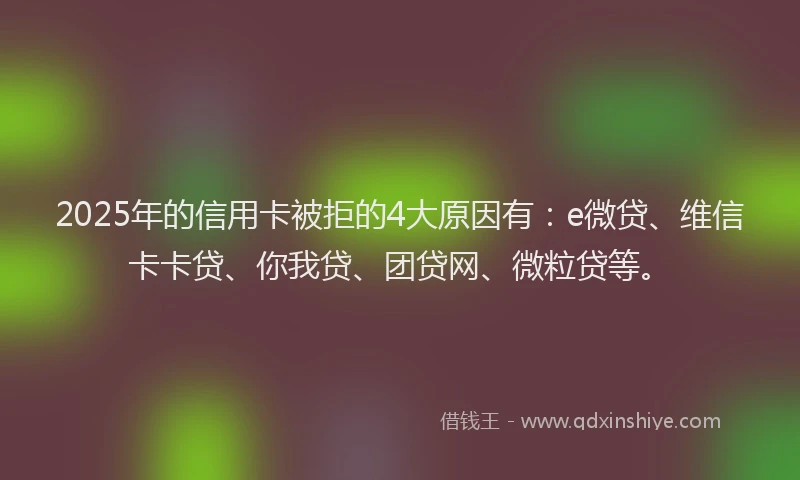 2025年的信用卡被拒的4大原因有：e微贷、维信卡卡贷、你我贷、团贷网、微粒贷等。