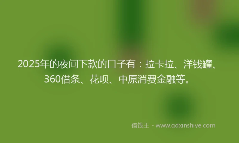 2025年的夜间下款的口子有：拉卡拉、洋钱罐、360借条、花呗、中原消费金融等。