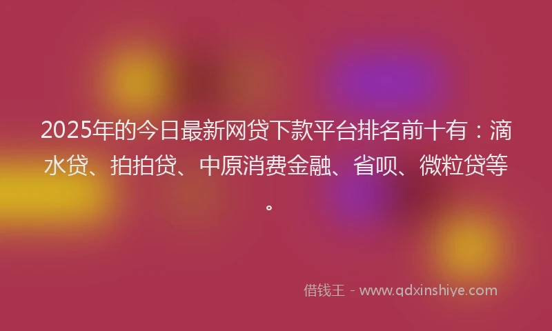 2025年的今日最新网贷下款平台排名前十有：滴水贷、拍拍贷、中原消费金融、省呗、微粒贷等。