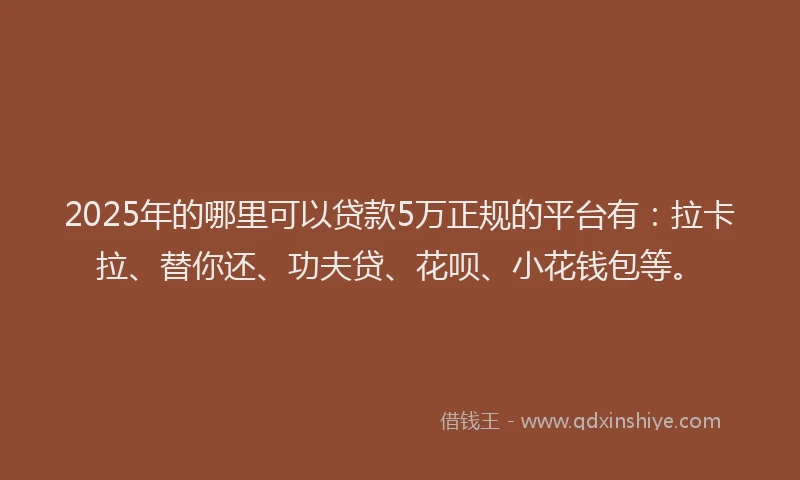 2025年的哪里可以贷款5万正规的平台有：拉卡拉、替你还、功夫贷、花呗、小花钱包等。
