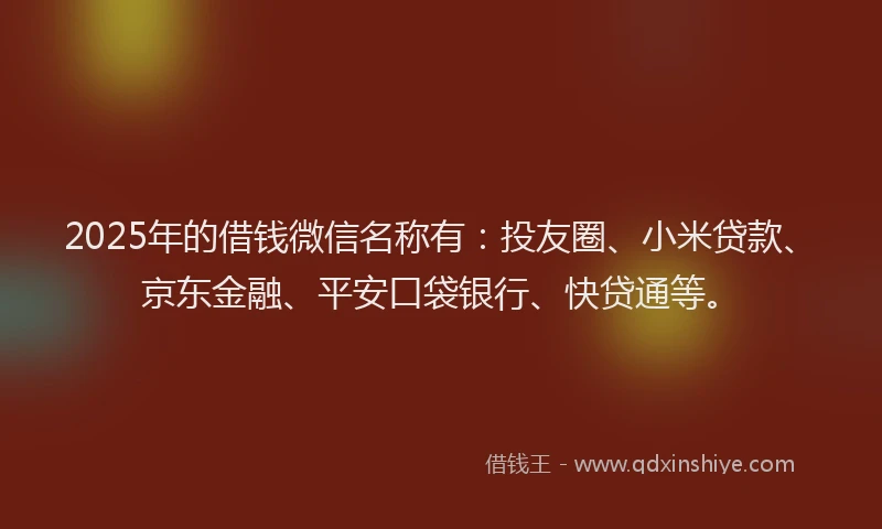 2025年的借钱微信名称有：投友圈、小米贷款、京东金融、平安口袋银行、快贷通等。